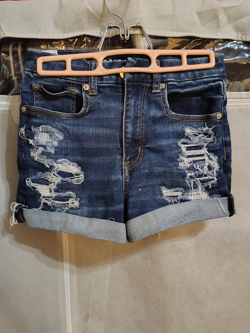 American Eagle Outfitters Dark Blue Distressed Rolled-Hem Jean Shorts
